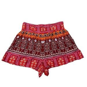 Anthropologie Satin Wide Leg Shorts XL Ruched Waist Floral Colorful Boho Casual